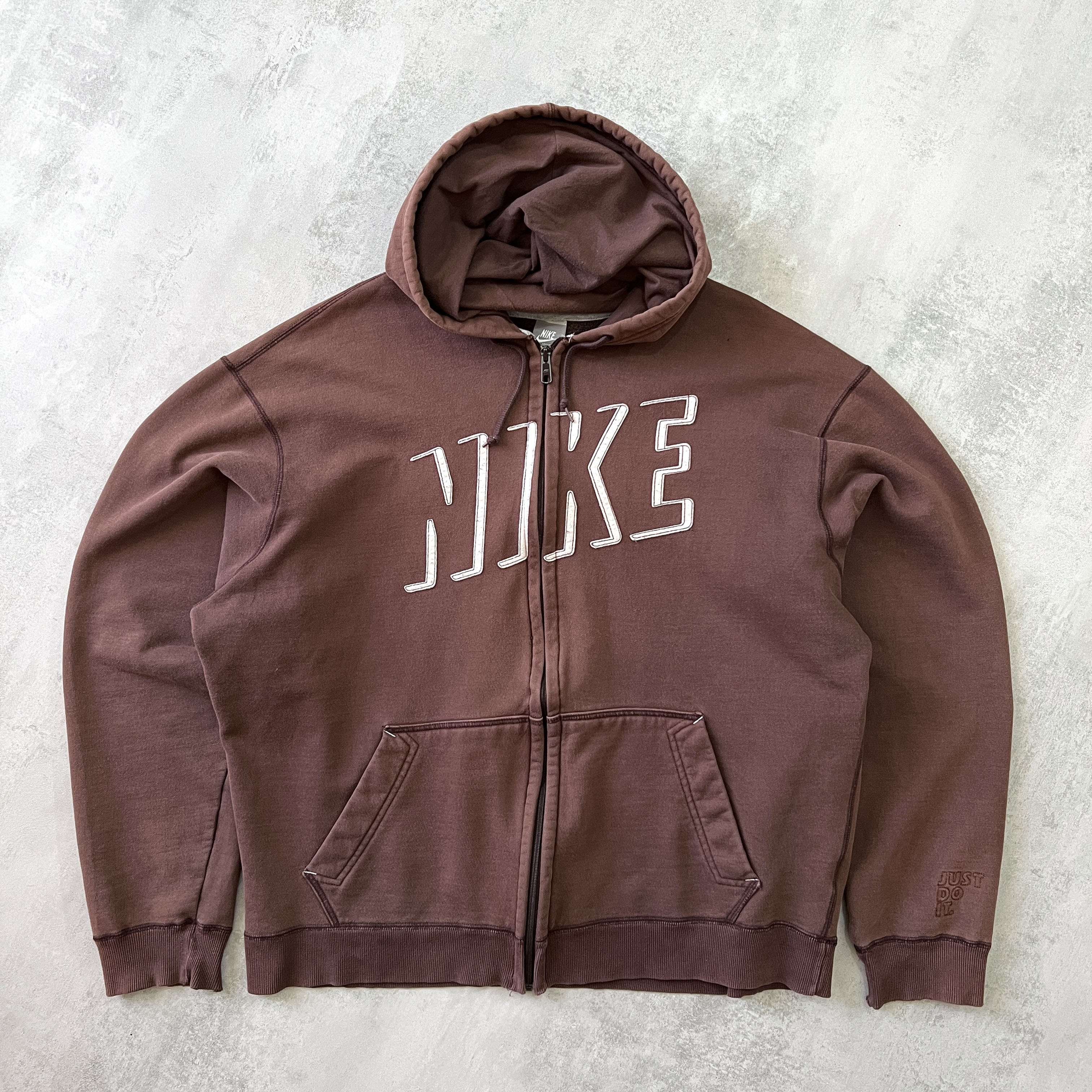 Nike RARE 2000s zip heavyweight embroidered BROWN hoodie (XXL)