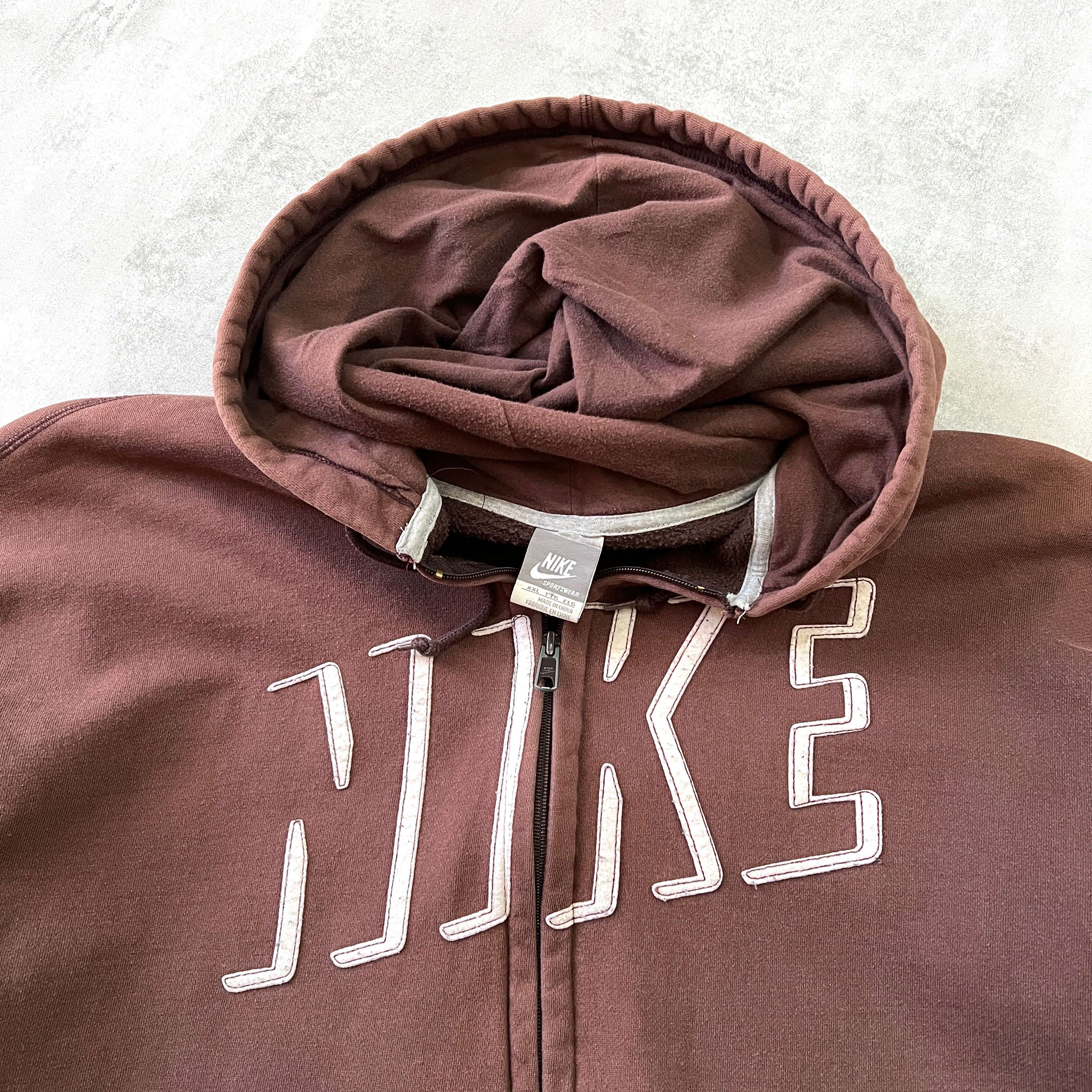 Nike RARE 2000s zip heavyweight embroidered BROWN hoodie (XXL)
